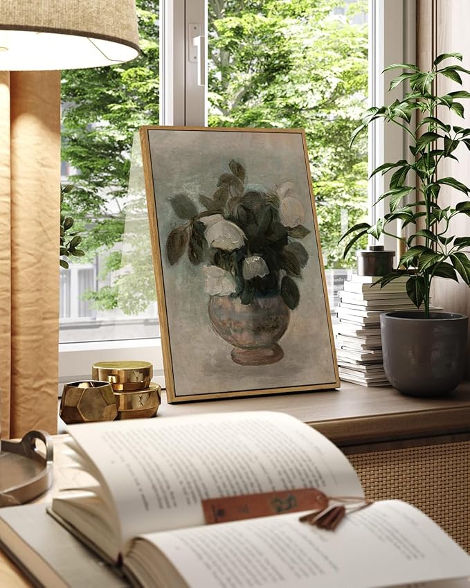 InSimSea Framed Canvas Prints Art Vintage Decor, Large Flowers in Vase Paintings Wall Art, Floral Pictures Home Decor for Bedroom Bathroom, Kitchen Office Living Room Wall Decoration, 16"x24"