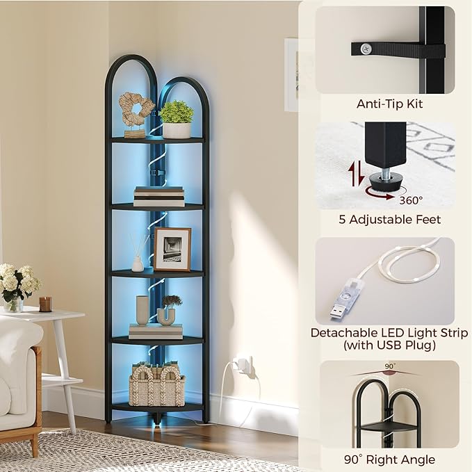 MAHANCRIS 5-Tier Corner Shelf with LED Light, 64.6'' Arched Corner Bookshelf, Narrow Storage Shelf with Metal Frame, for Living Room, Bedroom, Small Spaces, Black CSBK55101