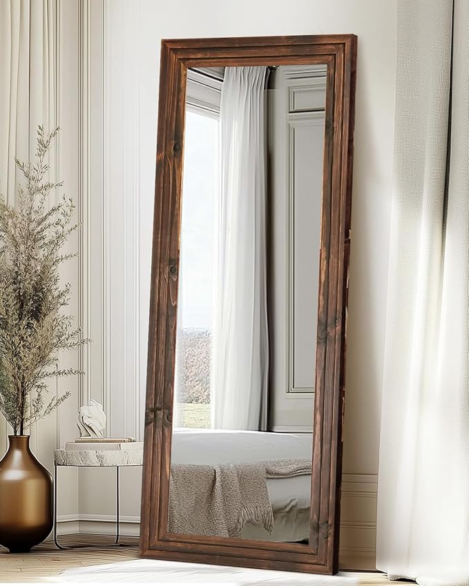 Full Length Mirror 65"x22" with Stand Solid Wood Frame Floor Large Mirror for Living Room, Bedroom Hanging Standing or Leaning Wall-Mounted, Brown