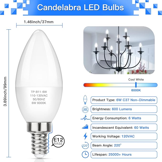 MAXvolador E12 LED Candelabra Light Bulbs 60W Equivalent, Cool White 6000K 600 Lumens Chandelier Bulb, 6W B11 Candle Base, Non-Dimmable, Pack of 6