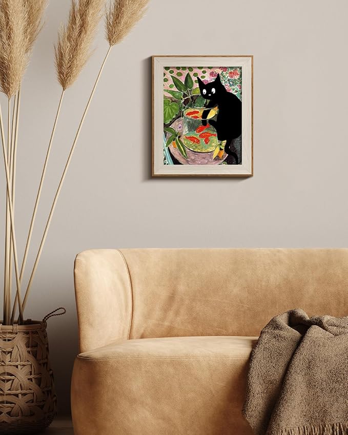 VIYYIEA Framed Wall Art for Living Room, Funny-【Fishing Cat】, 12L x 10W