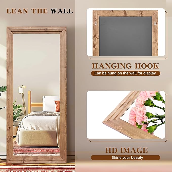 Full Length Mirror 71"x30" Solid Wood Frame Floor Large Mirror for Living Room, Bedroom Hanging or Leaning Wall-Mounted, Light Brown