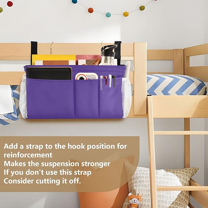 Dark Purple Bedside Caddy Storage Bag Bedside Organizer for Bunk Bed Headboards College Bedside Shelf Hanging Organizer 6 Pockets with Hooks for Magazine Water Bottle Holder