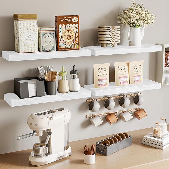 Fixwal White Shelves for Wall, 15.8in Rustic Wood Finish Floating Wall Shelves Set of 4, Shelves for Wall Decor, with Invisible Brackets for Bathroom, Living Room,Bedroom and Kitchen