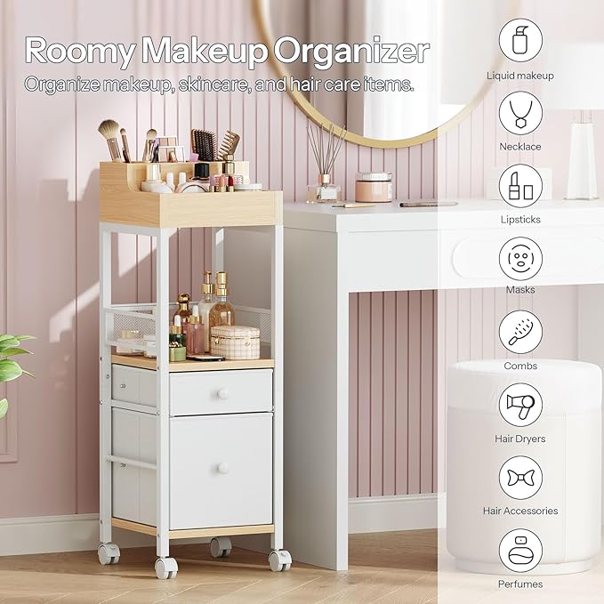 HOOBRO Jewelry Box with Mirror and Makeup Organizer Cart with Fabric Drawers Bundles, Jewelry Storage Case, Cosmetics Display Cases, for Earrings, Rings, Necklaces, Bracelets WT03JB04G2-WN19TC04