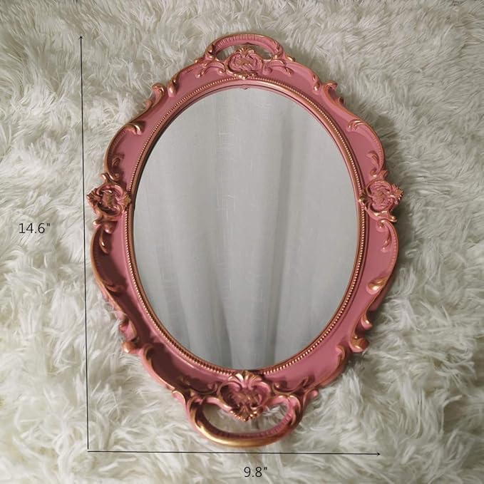Oval Decorative Mirror Tray, French Style, Makeup Organizer, Jewelry Organizer, Serving Tray, 9.8"x 14.6", Golden Pink