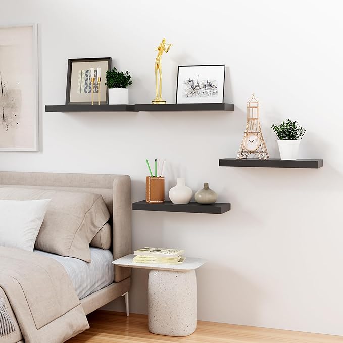 Bellsal Floating Shelves for Wall, Black Engineered Wood Wall Shelf Set of 4, 16" Walls Mounted Floating Shelf for Kitchen, Living Room, Bedroom, Bathroom Storage, Book Shelf for Home Decor