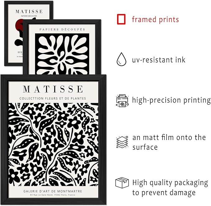 ANERZA 16 PCS Framed Black and White Wall Art Decor, Matisse Abstract Wall Prints for Bedroom, Gallery Wall Frame Set, Minimalist Posters for Living Room Aesthetic, Collage Kit, Dorm Home Artwork