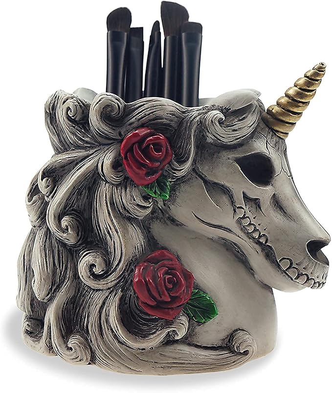 Gothic Unicorn Makeup Brush Holder Skull Gift for Women Adults Pen Organizer Halloween Decor Day Dead Goth Accessory