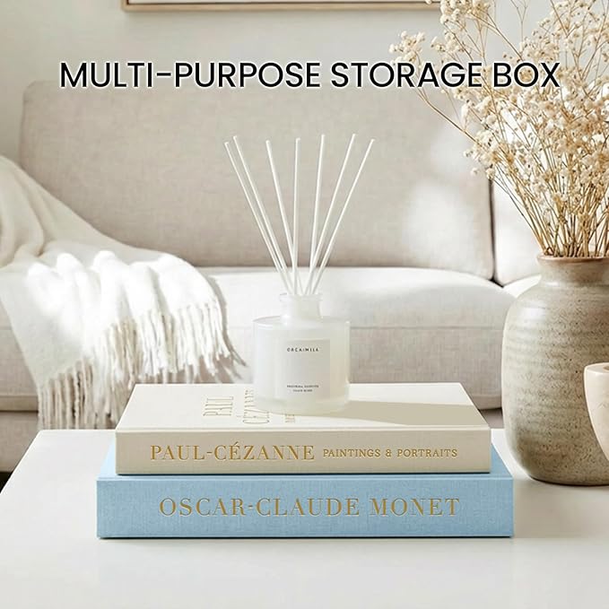 Aesthetic Decorative Books - Fake Books Storage Box for Decoration - Set of 2 Linen Coffee Table Decor - Photo Storage Keepsake Box for Room Bookshelf Decor, Blue