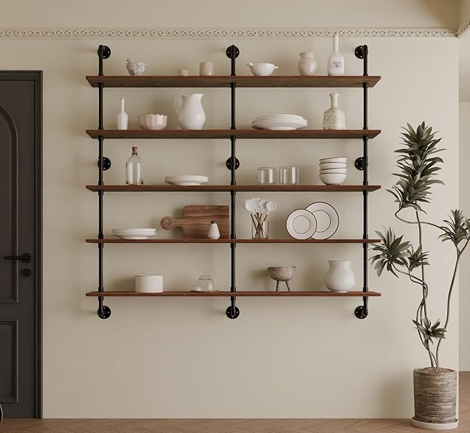 HDDFER Industrial Pipe Shelf Shelving Bookcase, Wall Mounted Rustic Bookshelf 60 Inch, Floating Bookshelves for Wall,Retro Wood Metal Pipe Industrial Shelves for Living Room