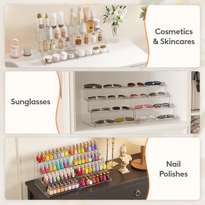 Lifewit Perfume Organizer with Fences, Plastic Cologne Stand, Tool-Free Assembly, Display Shelf for Fragrance Makeup Vanity Bedroom Bathroom Storage Organization, Clear, 30 cm/12",2 Pcs