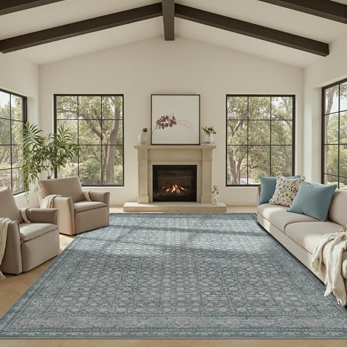 8x10 Washable Area Rug for Living Room, Extra Large Vintage Boho Rugs for Dining Room, Kids Room, Farmhouse, Durable Low Pile Non Slip Carpet for High Traffic Areas, Soft Blue
