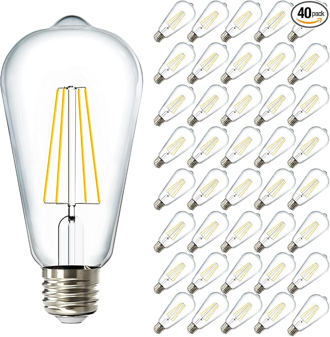 Sunco 40 Pack Edison Bulbs LED ST64, Clear Vintage Filament Waterproof Bulb, 800 LM, 8W (60W Equivalent), ST19, 3000K Warm White, E26 Medium Base, Decorative Dimmable UL