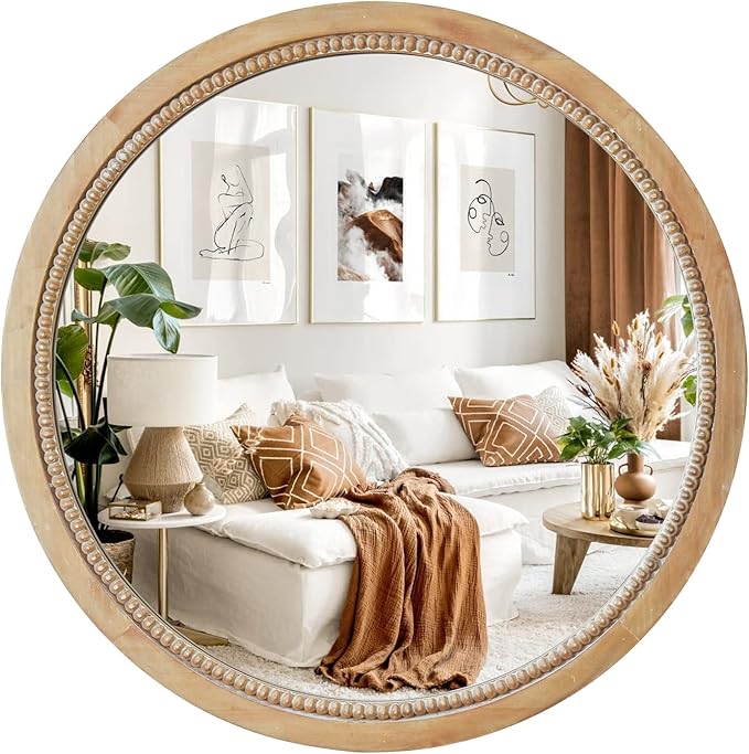 sawsile Round Wood Mirror,32 inch Circle Rustic Farmhouse Natural Wooden Frame Boho Beads Wall Mirror for Bathroom,Living Room,Bedroom or Entryway