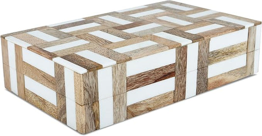 Handicrafts Home White Decorative Storage Box with Lid Wood Remote Control Box Coffee Table Storage Box Remote Holder for Living Room Decor – Resin Inlay Marquet Chase Collection - 8x5x2
