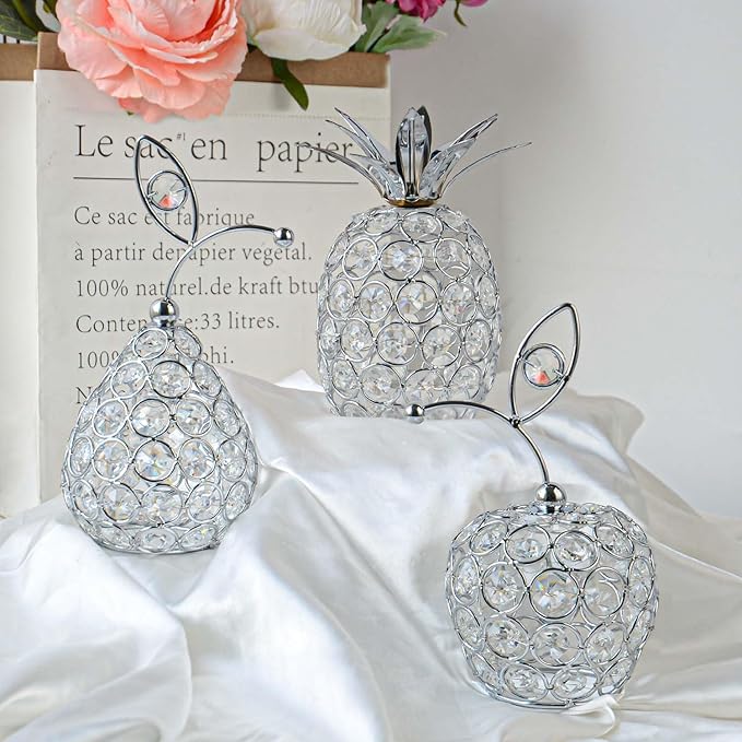 Set of 3 Crystal Metal Pineapple Pear Table Centerpiece Handmade Crystal Candlestick Hollow Fruit Ornament Home Party Wedding Holiday Bar Decoration (Silver, Set of 3)