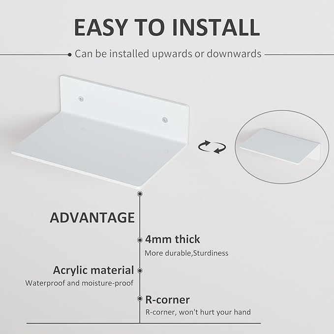 Hexsohoma 9 Inches White Floating Shelves, Acrylic Wall Shelves for Living Room, Bedroom, Bathroom, Kitchen, Office, Brand Store, Retails, Gaming Room, 4 Pack