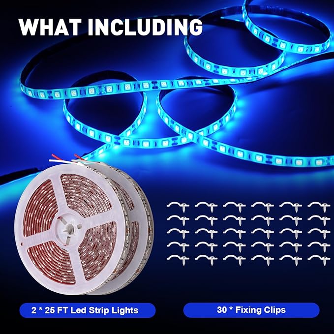 50ft Pontoon Boat Lights Marine LED Strip Lights 12V Waterproof, Interior Light Deck Light for Kayak, Jon Boat, Bass Boats, Fishing Boats (Blue)