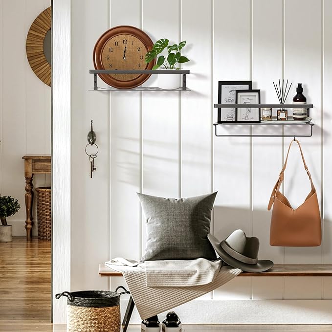 Uten Floating Shelves, Wall Mounted Iron Shelves Set of 2, Bathroom Storage Iron Shelves with Towel Rack, Wall Hanging Organizer Decor Shelf for Bathroom, Kitchen, Bedroom, Living Room