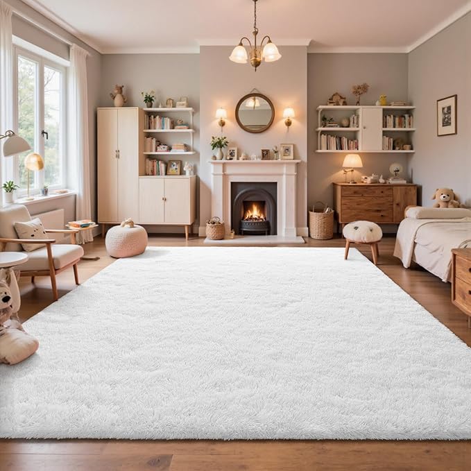 Soft Area Rugs for Bedroom Living Room Plush Fluffy Rug 9x11 Feet, Shag Furry Area Rug Carpet Non Shedding for Nursery Children Kids Girls Room Home Decorative, Ivory