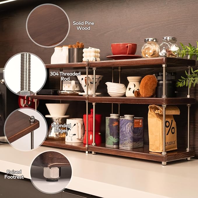 Ultra-Thick 24mm Solid Wood Coffee Station Organizer&Spice Rack for Kitchen Countertop, Corner Industrial 3-Tier Adjustable Shelf with 10mm 304 Thread Rods for Espresso Gear, Walnut Finish