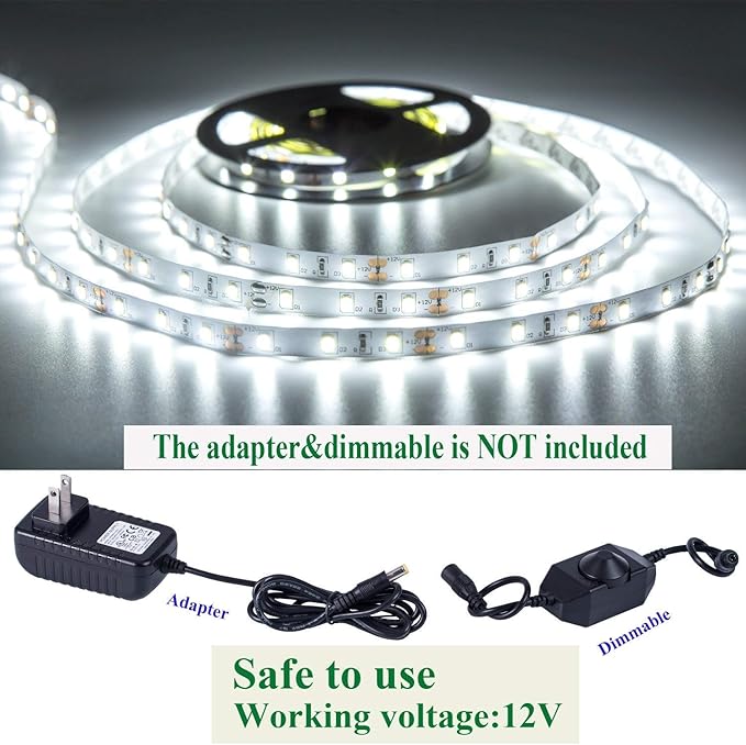 Daylight White LED Strip Lights, 12V16.4ft 300LEDS Flexible Tape Light for Hallway, Staircase, Bookshelf, Under Cabinet, Non Waterproof, Not Include Power Adapter