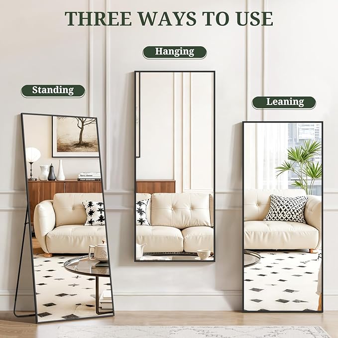Mirror Full Length 56"x21" Full Body Floor Mirror with Stand, Shatterproof Glass, Aluminum Alloy Frame, Free Standing Wall Mounted or Leaning Rectangle Mirrors for Bedroom Living Room Entryway