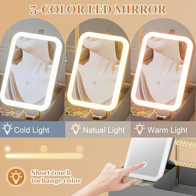 Vanity Mirror with Lights & 4 Tiers Jewelry Holder Organizer, Jewelry Display Stand for Bracelet, Necklace, Earrings, Rings, 1000mAh 3-Color Lighting Makeup Mirror, Light Gray