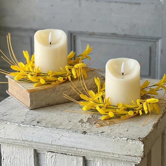 Daifunli 2 Pcs Spring Forsythia Candle Rings Artificial Forsythia Farmhouse Wreaths for Pillar 3.9 Inch Candles Holder for Spring Summer Rustic Table Centerpiece Decor