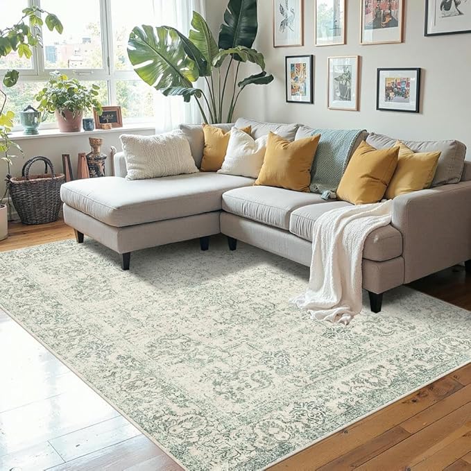 Rugxara Washable Area Rug for Living Room, Vintage Boho Rugs for Office, Dining Room, Kids Room, Farmhouse, Durable Low Pile Non Slip Carpet for High Traffic Areas, Light Green(4x6ft)
