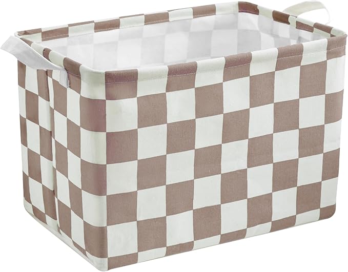 Ohocut Khaki White Checkered Canvas Basket, Rectangular Organizing Decorative Storage Basket for Kids Dog Toy, Cute Aesthetic Checkered Room Decor for Home, Kitchen, Bedroom, Classroom, Shelves