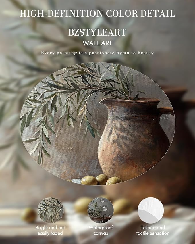 Bzstyleart Vintage Wall Art Decor, Gold Framed Wall Art 12 x 16 Inch Pottery Jar Olive Branch for Office, Canvas Picture Print Painting for Bedroom Living Bathroom Dorm