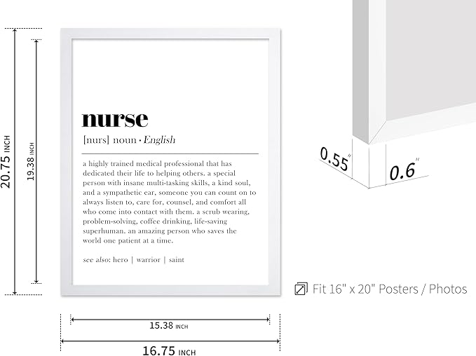 Poster Master Typography Poster - Dictionary Print - Nurse Definition, Amazing Person Who Saves the World, Hero, Saint - Gift for Friend - Wall Decor for Home, Hospital, 16x20 White Framed