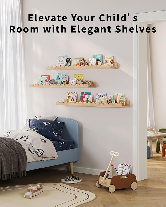 G&W Gruwald Nursery Book Shelves, Set of 3, Nursery Decor for Baby and Toddler, Scalloped Shelves, Book Shelf for Kids Rooms, Wall Book Shelf for Bedroom Kids (Wood, 36 Inches)