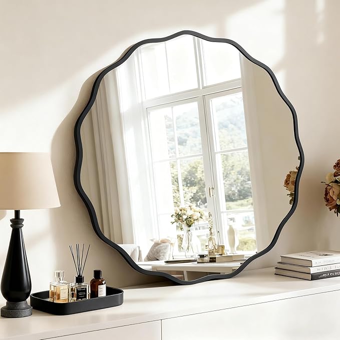 HOMECOOKIN 32 Inch Wavy Round Wall Mirror, Round Wavy Wall Mirror with Aluminum Frame for Bathroom Upgrades, Hotels, Dressing Tables,Farmhouses
