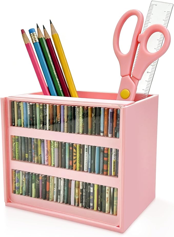 Pink Anxiety Bookshelf with 100 Mini Books, Cute Miniature Library Stress Relief Toy, Shaking Book Shelf Ornament, Bookmark Holder & Pencil Organizer, Aesthetic Room Decor, Gift for Bookish Her