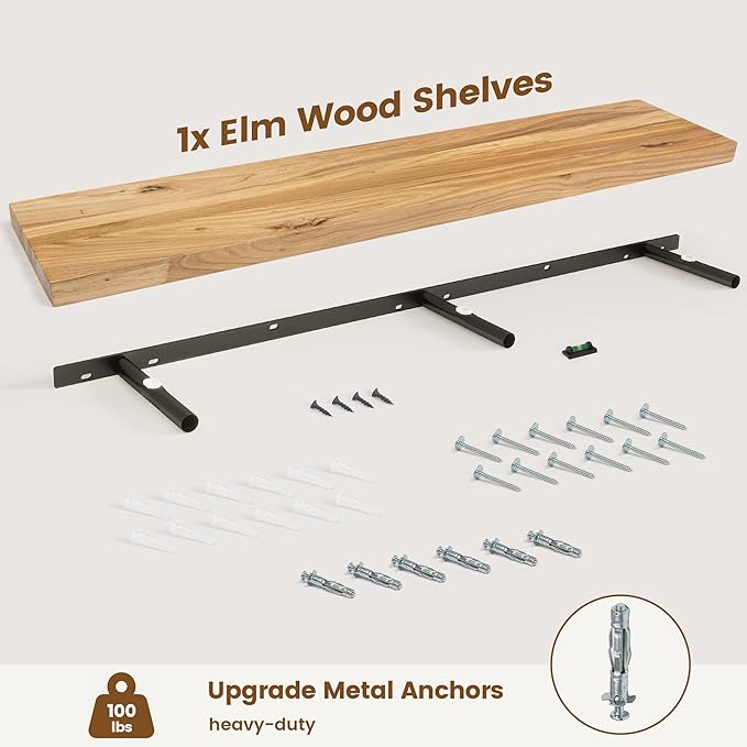Venusmiles Elm Floating Shelves for Wall Decor, Rustic Solid Wood Shevles Wall Mounted with Invisible Bracket for Living Room Bathroom Bedroom Kitchen, 48 Inch Set of 1, Natural