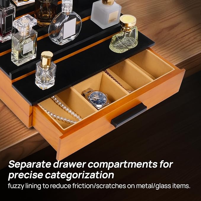 Cologne Organizer for Men，4 Tier Wood Perfume Display Stand with Velvet Lining Drawer and Hidden Compartment ，Perfume Organizer for Men，Great Gift for Man (Walnut Black)