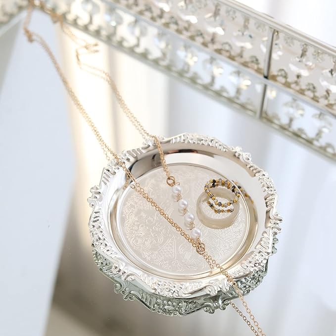 Round Storage Tray Necklace tray Jewelry Holder Organizer Dessert Plate Fruit DishRing Dish Organizer Holder Home Decor Wedding Gift for Perfume Candle Holiday Party (Silver, Mini)