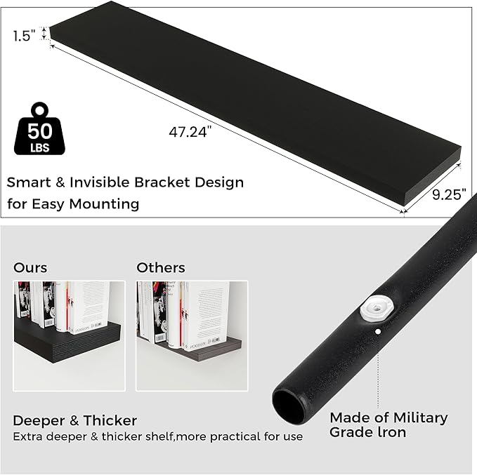 Venusmiles Floating Shelves for Wall 48 inch Long, Engineered Wood Wall Shelves with Invisible Brackets for Living Room Bedroom Bathroom Office Kitchen Decor and Storage, Black Finish, Set of 2