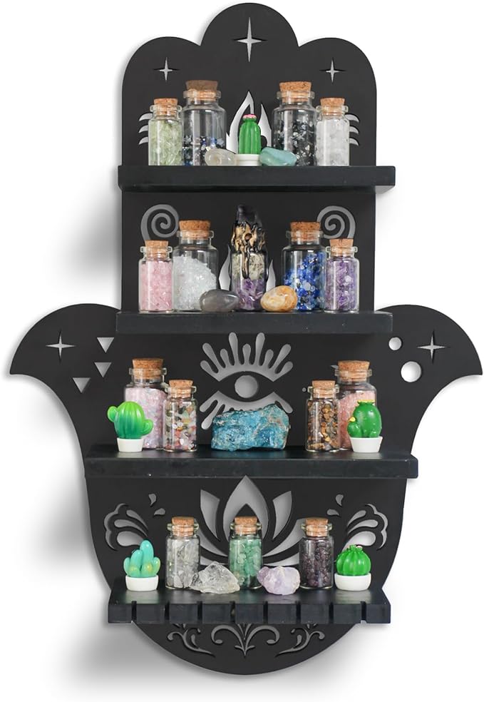 Hamsa Hand Crystal Display Shelf, Rock Gem Stone Holder, Essential Oils Nail Polish Organizer, Trinket Knick Knack Shelf Wall Mounted, Witch Witchy Wiccan Home Decor(Style B)