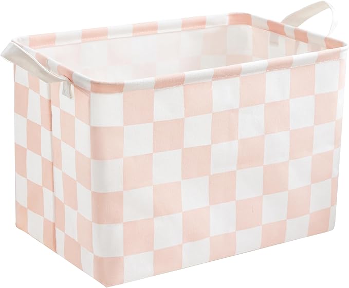 Ohocut Pink White Checkered Canvas Basket, Rectangular Organizing Decorative Storage Basket for Kids Girls Dog Cat Toy, Cute Aesthetic Checkered Room Decor for Home, Bedroom, Classroom, Shelves