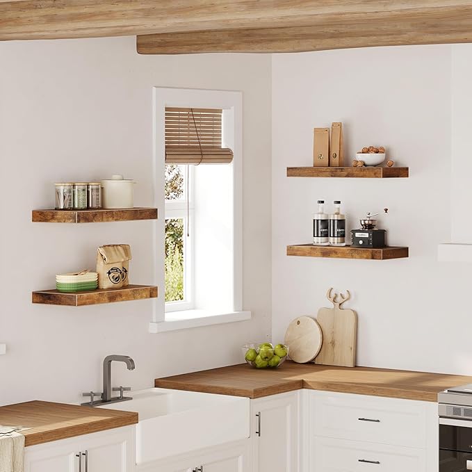 RALGEND Floating Shelves for Wall, 1.5" Thick Wall Shelf Set of 4 with Invisible Brackets, 15.7L x 7.9W Hanging Shelves Farmhouse Home Decor for Bathroom, Living Room, Bedroom, Rustic Brown 4301BJP4BF