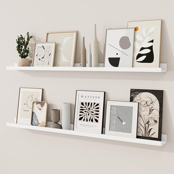 RICHFOCUS Picture Ledge Shelf, 48 inch Floating Shelves Set of 2, Wood Wall Shelves with Lip, Wall Decor Storage for Bedroom Living Room Bathroom Kitchen Nursery Photo Picture, White