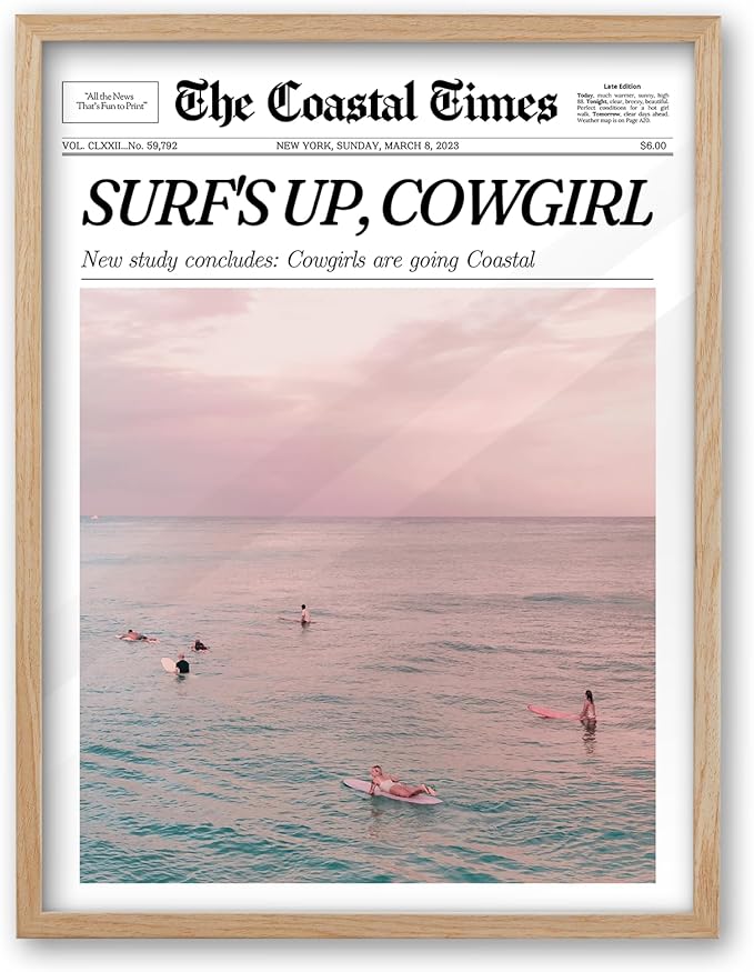 iHery Small Framed Trendy Coastal Cowgirl NewsPaper Wall Art Prints,Beige OAK Wood 8x10in Canvas Wall Decor For Bedroom,Western Vintage Bar Cart,Dorm Retro Surfing Up Home Décor 1Pack