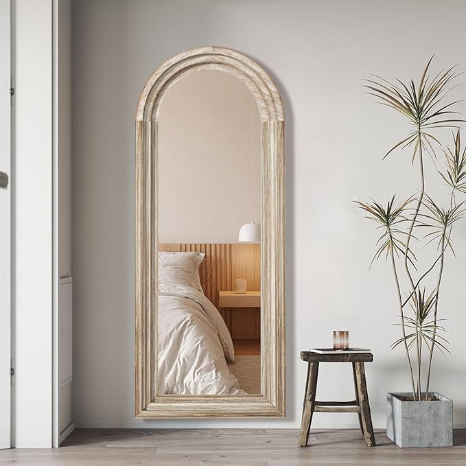CASSILANDO Arched Full Length Mirror with Solid Wood Frame 65x24 Inch Wall Mounted Floor Mirror, Vertical Hanging Leaning Standing Mirror for Living Room, Bedroom, Entryway, Rustic White