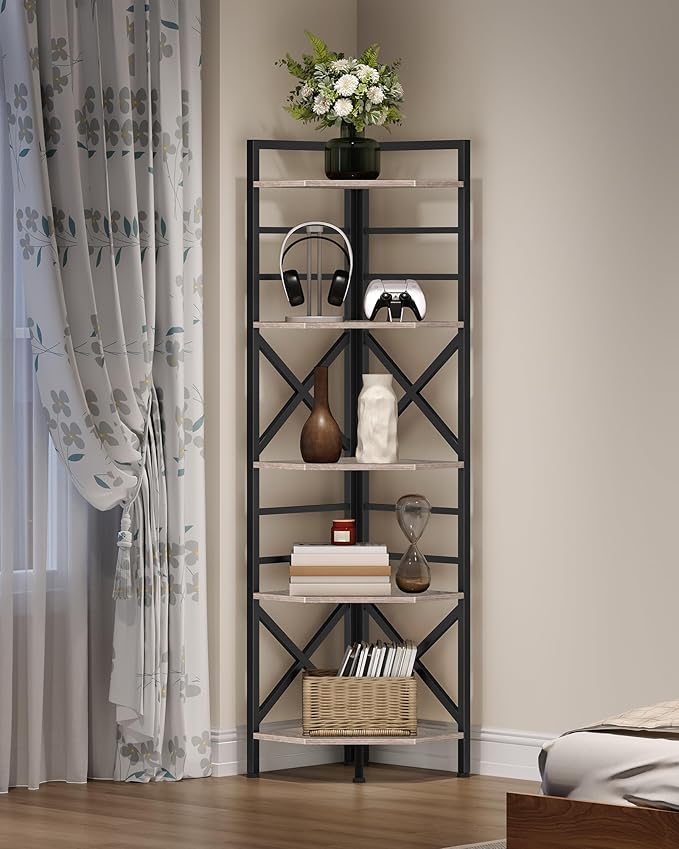 CHOEZON 69.3" Corner Shelf 5-Tier, Large Corner Shelving, Freestanding Storage Stand for Bedroom, Living Room, Kitchen, Industrial Engineered Wood Bookshelf Organizer, Greige and Black TCJ15BG