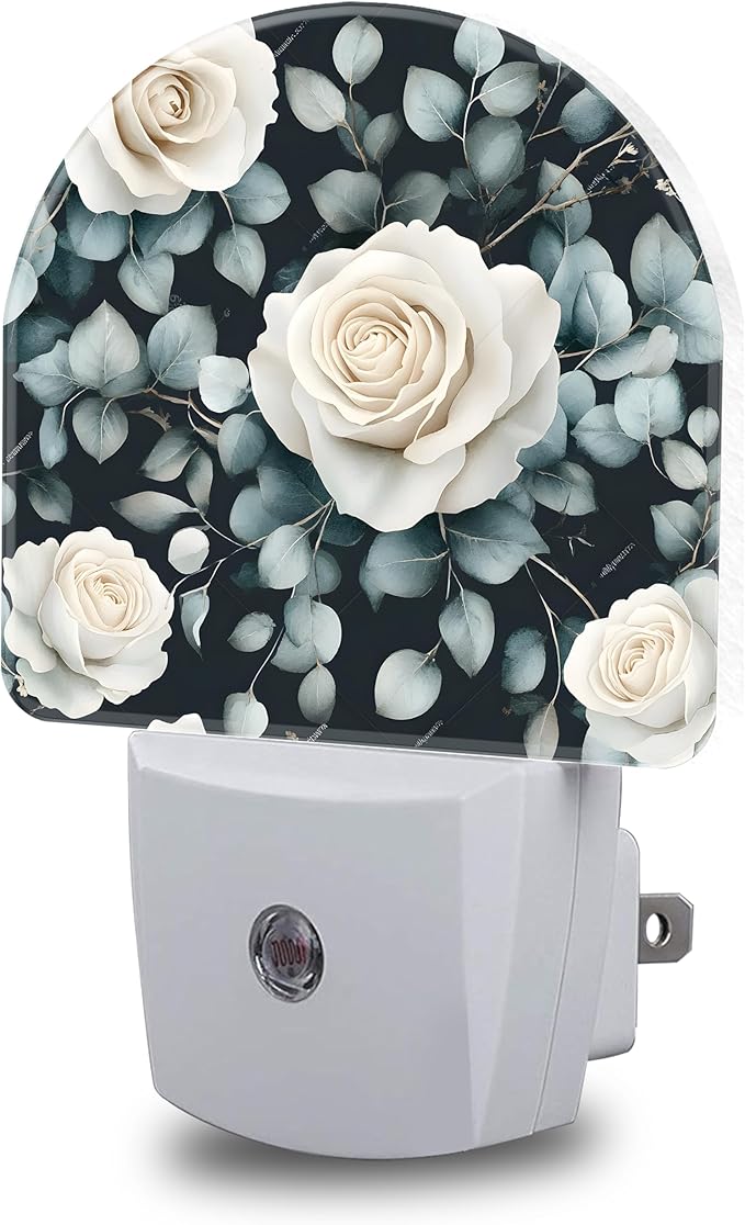 Night Light, Vintage White Rose Flower Night Lights Plug into Wall Dusk to Dawn Sensor Round Nightlight for Women Men Energy Efficient Led Lamp 0.5W for Stairway Hallway Bedroom