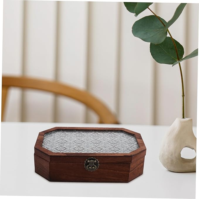 LIOOBO Wooden Desk Storage Box Begonia Lid Vintage Makeup Organizer Small Decorative Jewelry Box for Trinkets